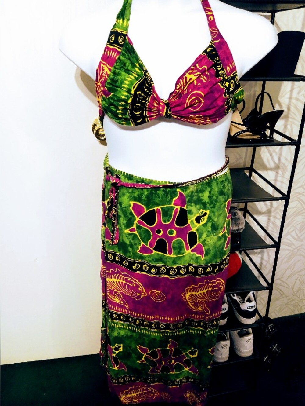Vintage Coconut Rayon Tropical Bikini Top and Sarong Set - Green & Magenta-OS.